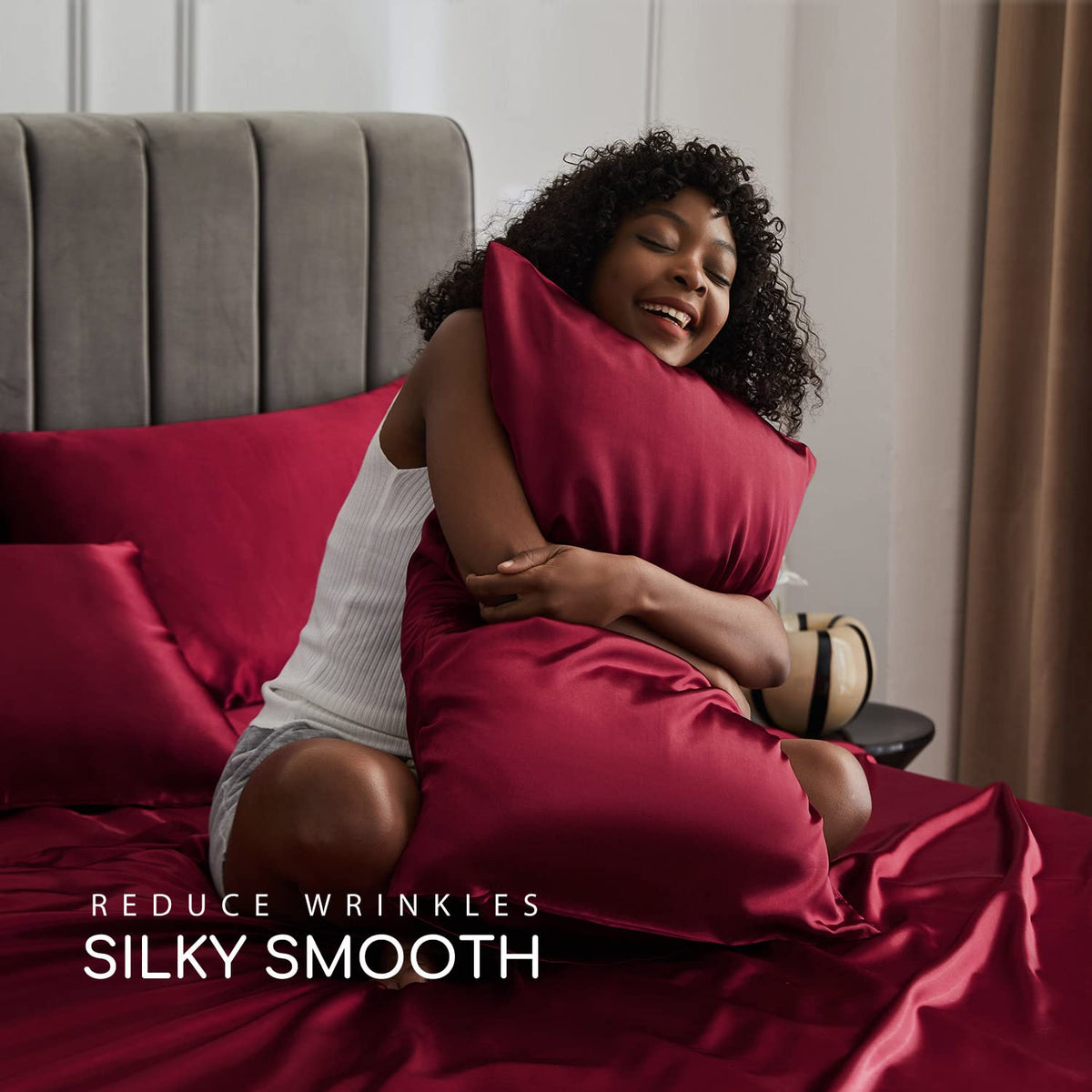 MR&HM burgundy satin pillowcases close-up promoting sleek hair and minimal tangles
