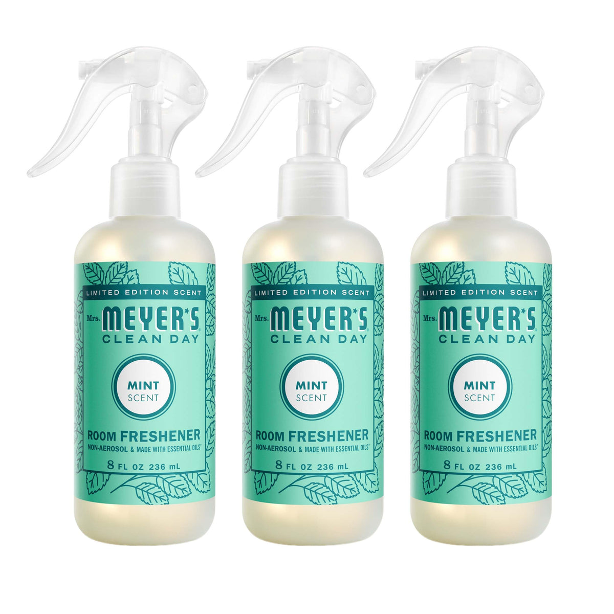 Mrs. Meyer's Clean Day Mint Room Spray 3-pack bottle for quick room refresh.