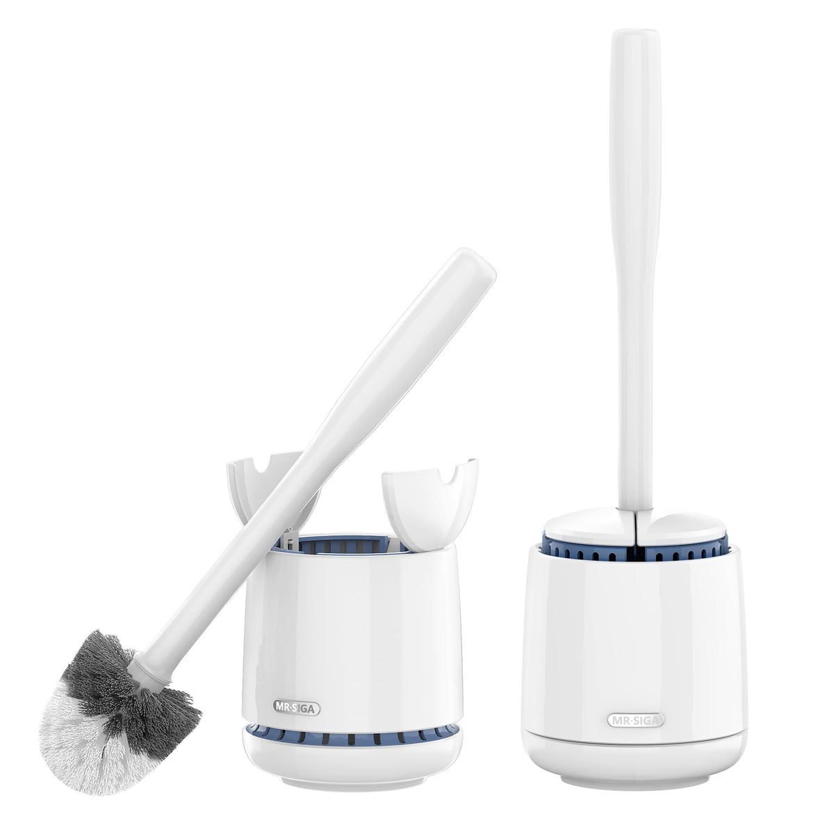 MR.SIGA toilet bowl brush with holder shows sturdy design and durable bristles for deep cleaning.