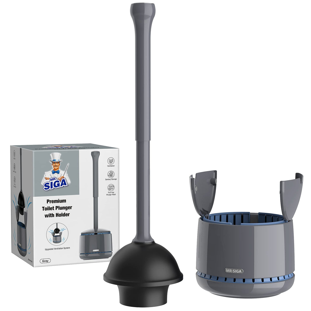 MR.SIGA toilet plunger with holder demonstrates elegant design for a tidy bathroom.