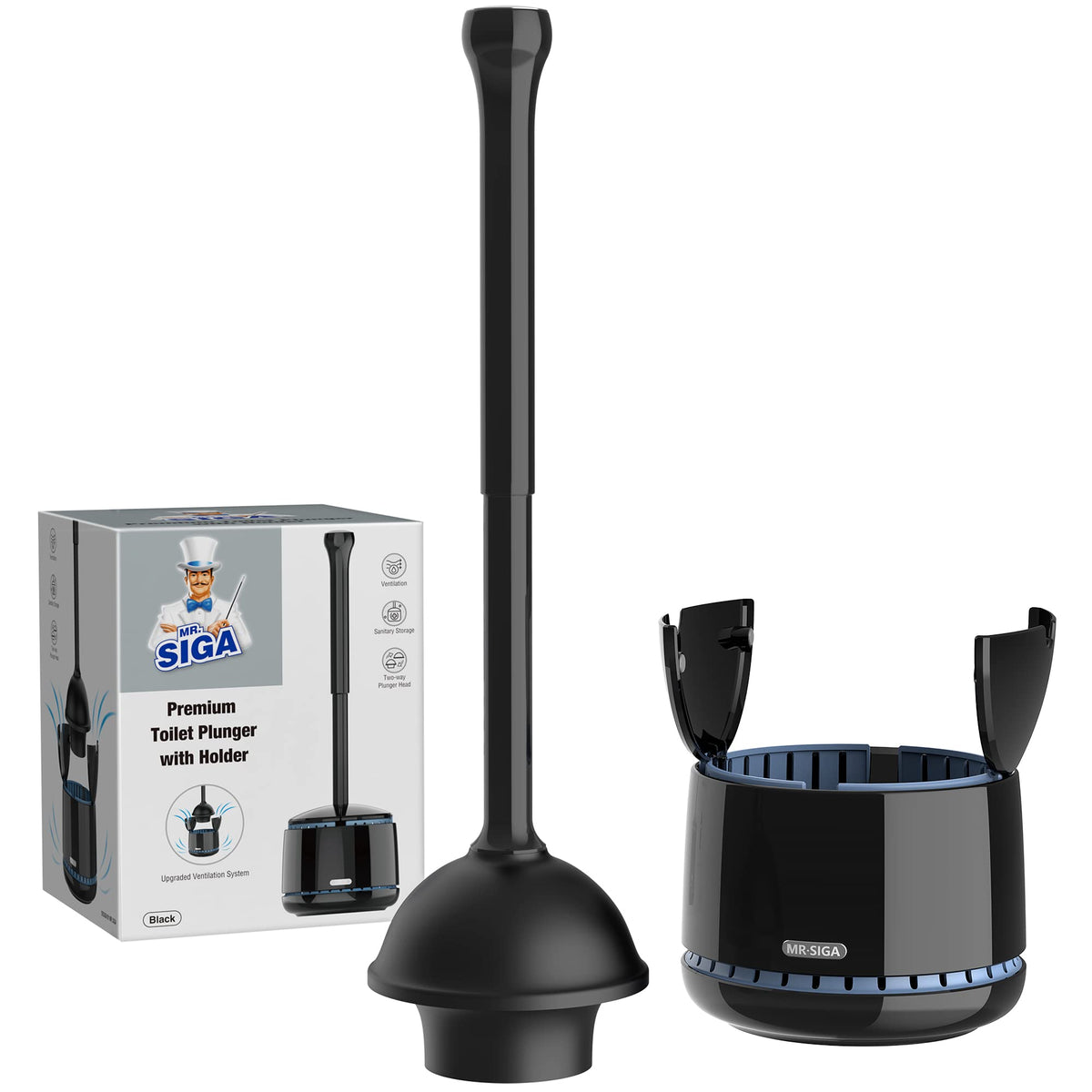 MR.SIGA toilet plunger with holder showing heavy-duty design for tough clogs
