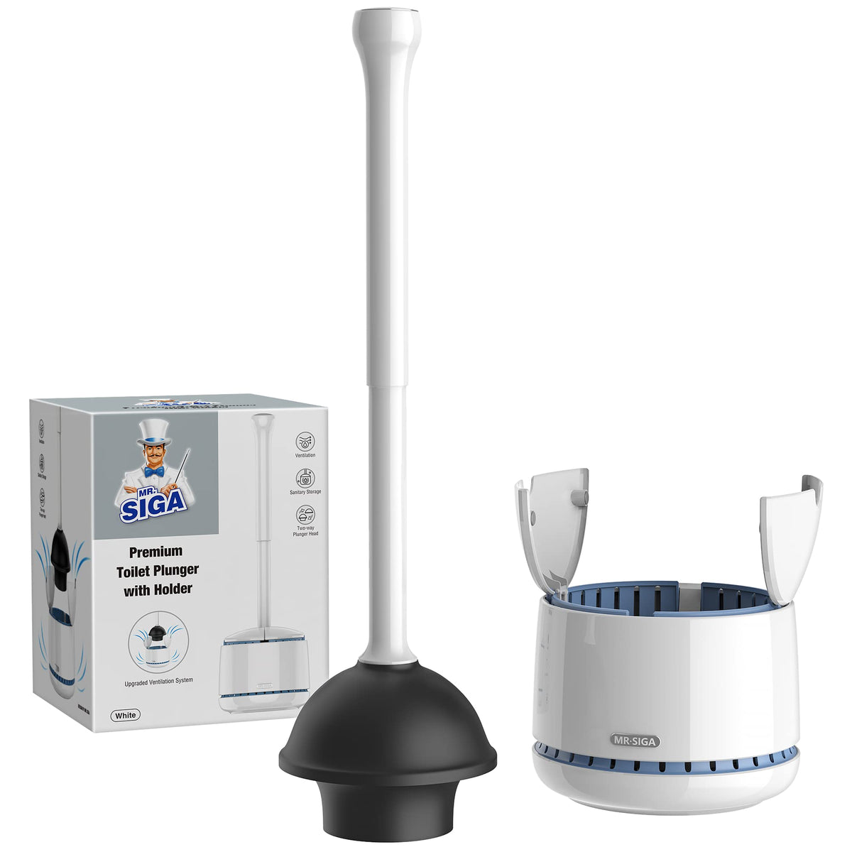 MR.SIGA toilet plunger with holder set, compact storage keeps bath organized.
