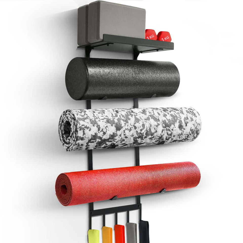 MRZZATA wall-mounted yoga mat holder demonstrates space-saving organization.