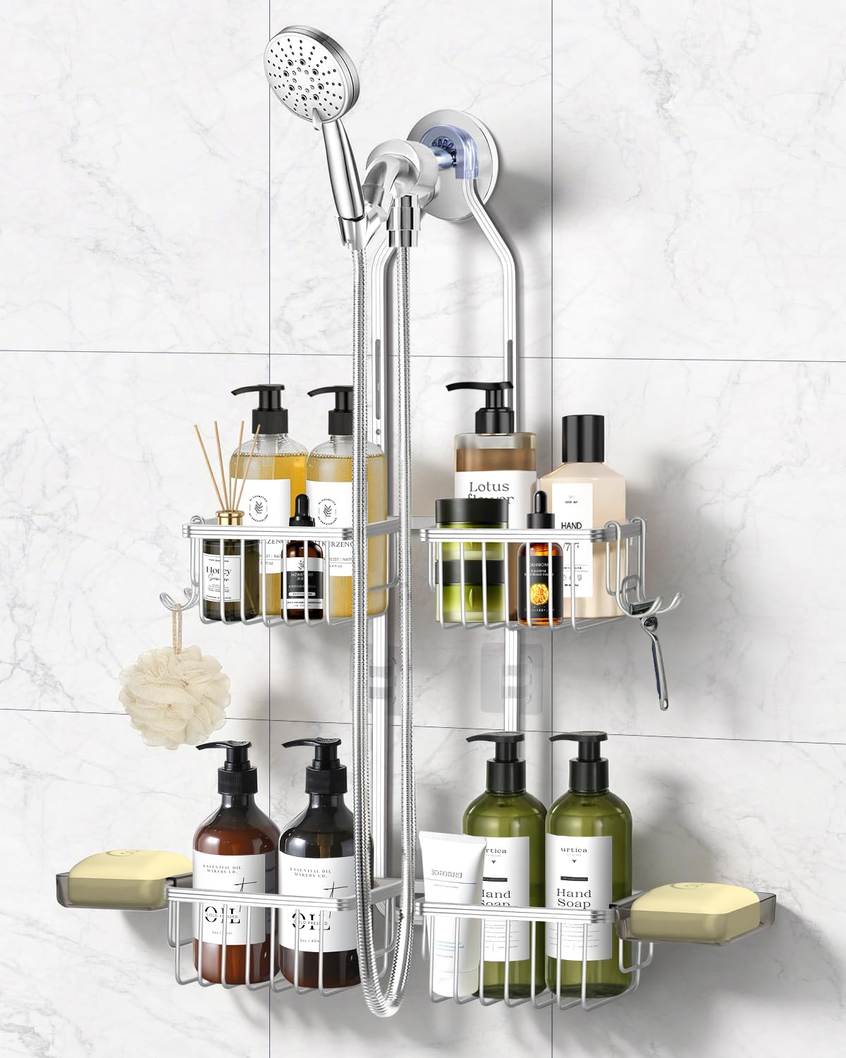 MSAICOE adjustable shower caddy height for tall bottles and bath essentials.