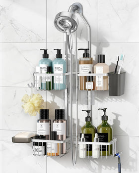MSAICOE adjustable shower caddy over showerhead shows customizable height for tall bottles.