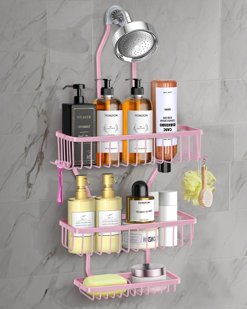MSAICOE pink shower caddy over head keeps shampoo bottles organized and within reach.