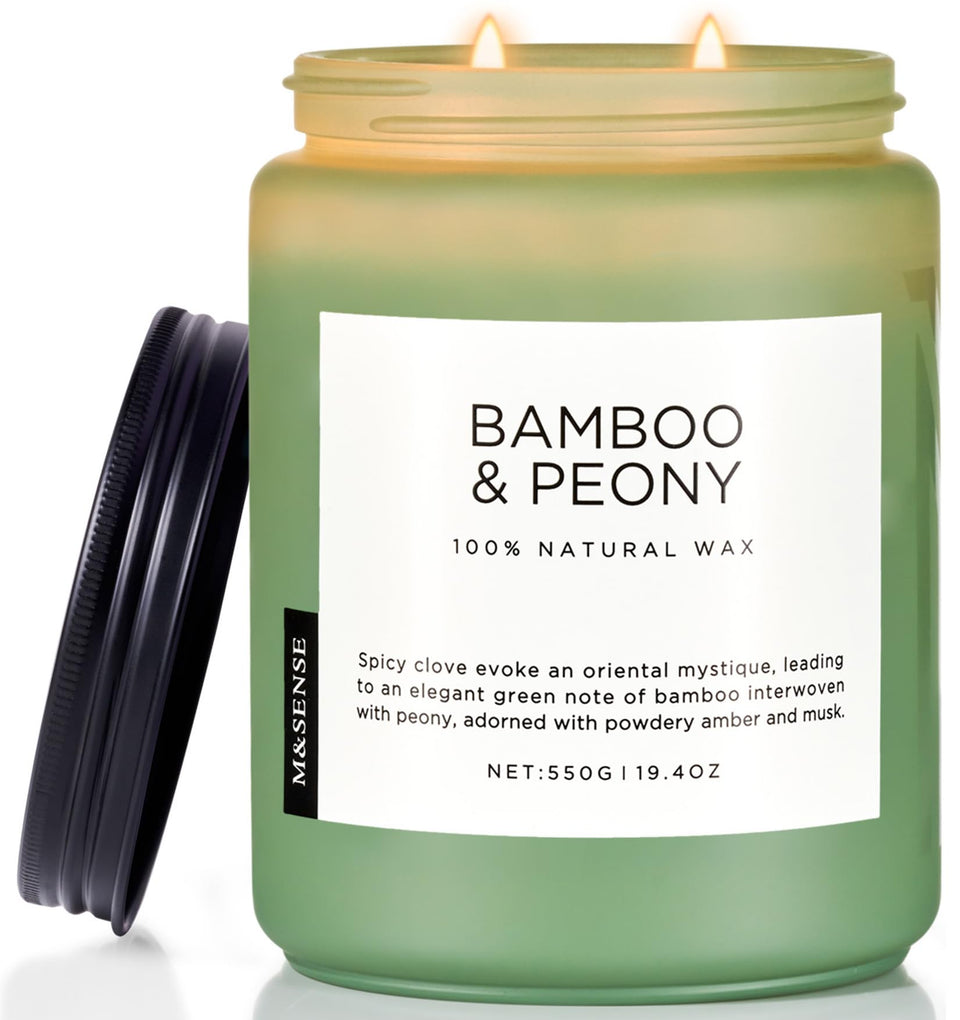 MSENSE Bamboo Peony candle front view, 19.4 oz jar for large rooms.