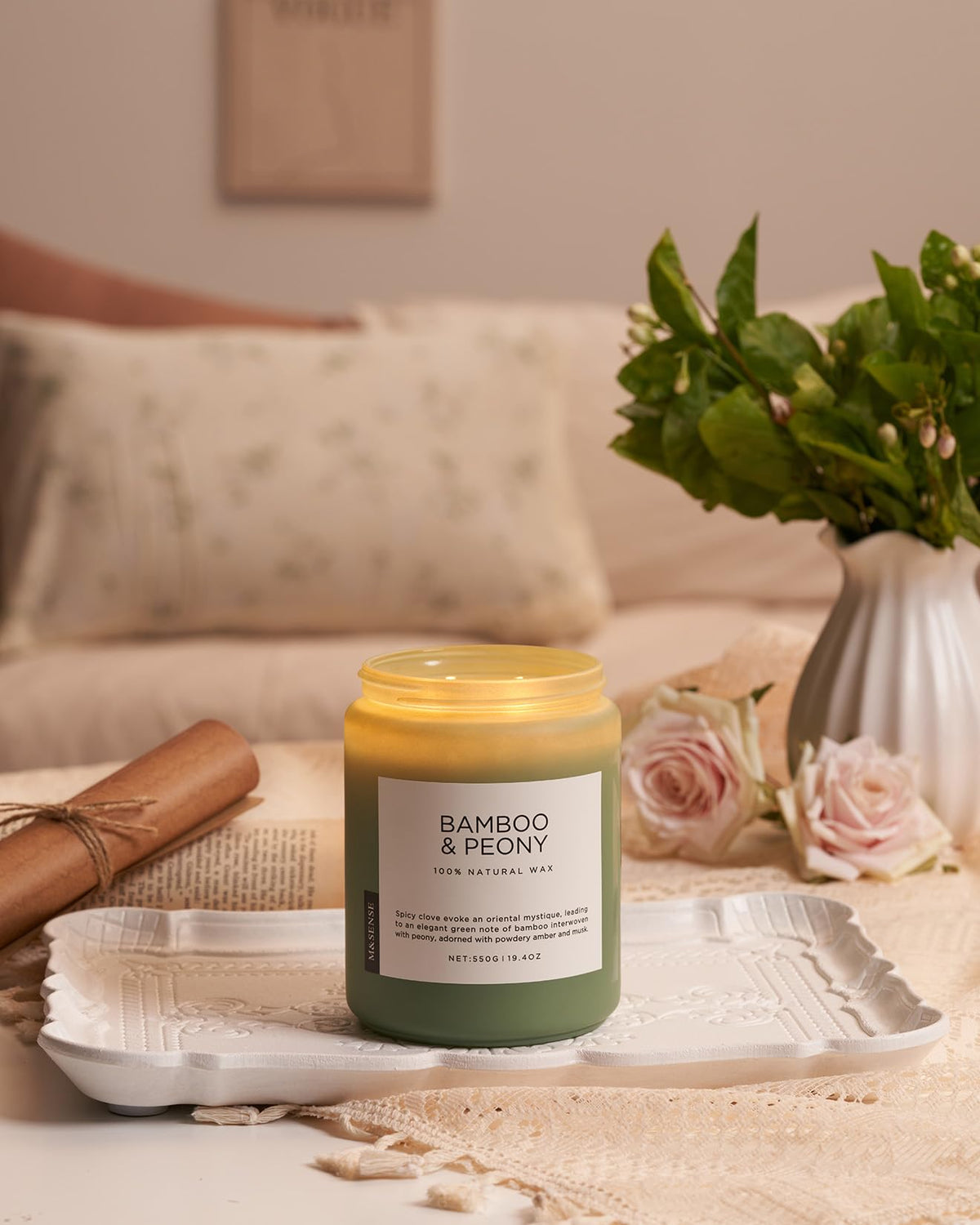 MSENSE Bamboo Peony candle gift wrap ready for gifting.