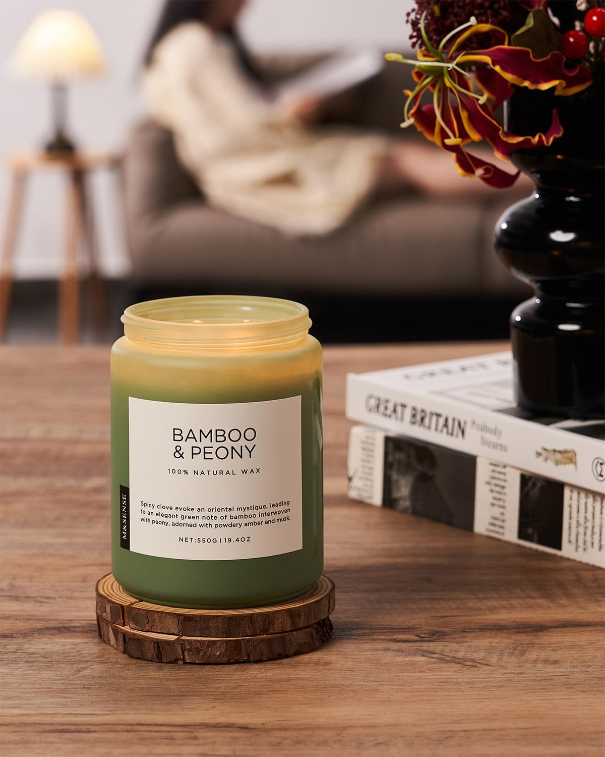 MSENSE Bamboo Peony candle in a cozy living room setting.