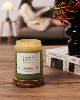MSENSE Bamboo Peony candle in a cozy living room setting.
