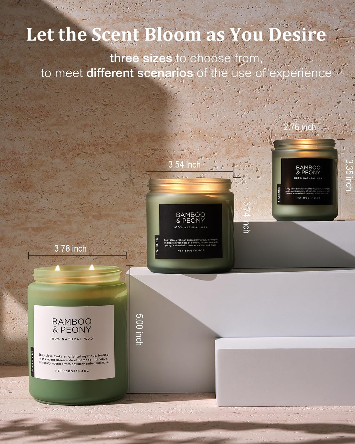 MSENSE Bamboo Peony label detail, vegan soy blend, clean burn.