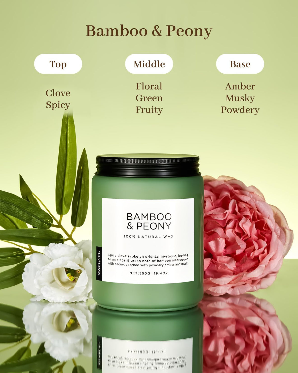 MSENSE Bamboo Peony candle side view, dual-wick design for balanced fragrance.