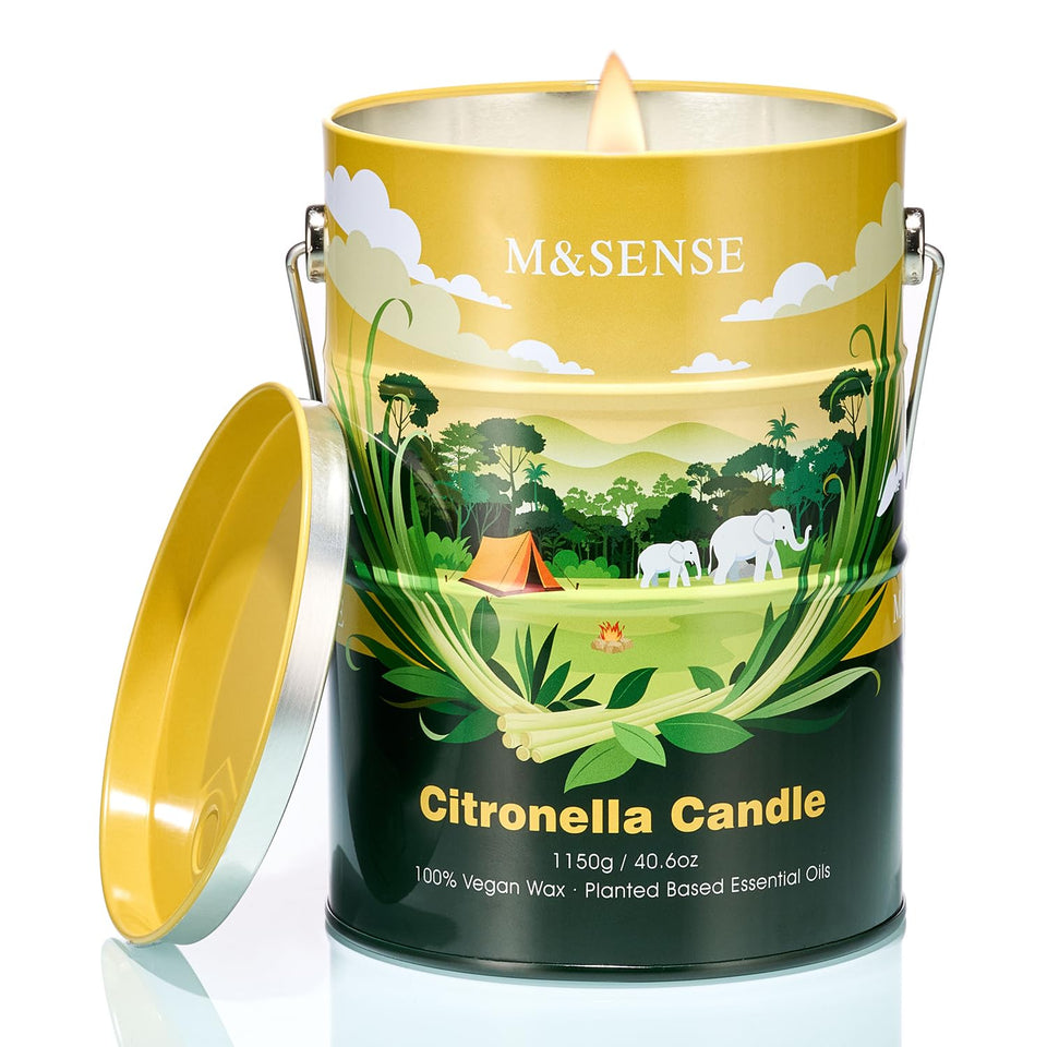 M&SENSE citronella candle outdoors with oil-barrel design for open-air ambiance.