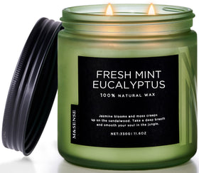 M&SENSE eucalyptus mint candle in a glass jar for relaxing ambience.