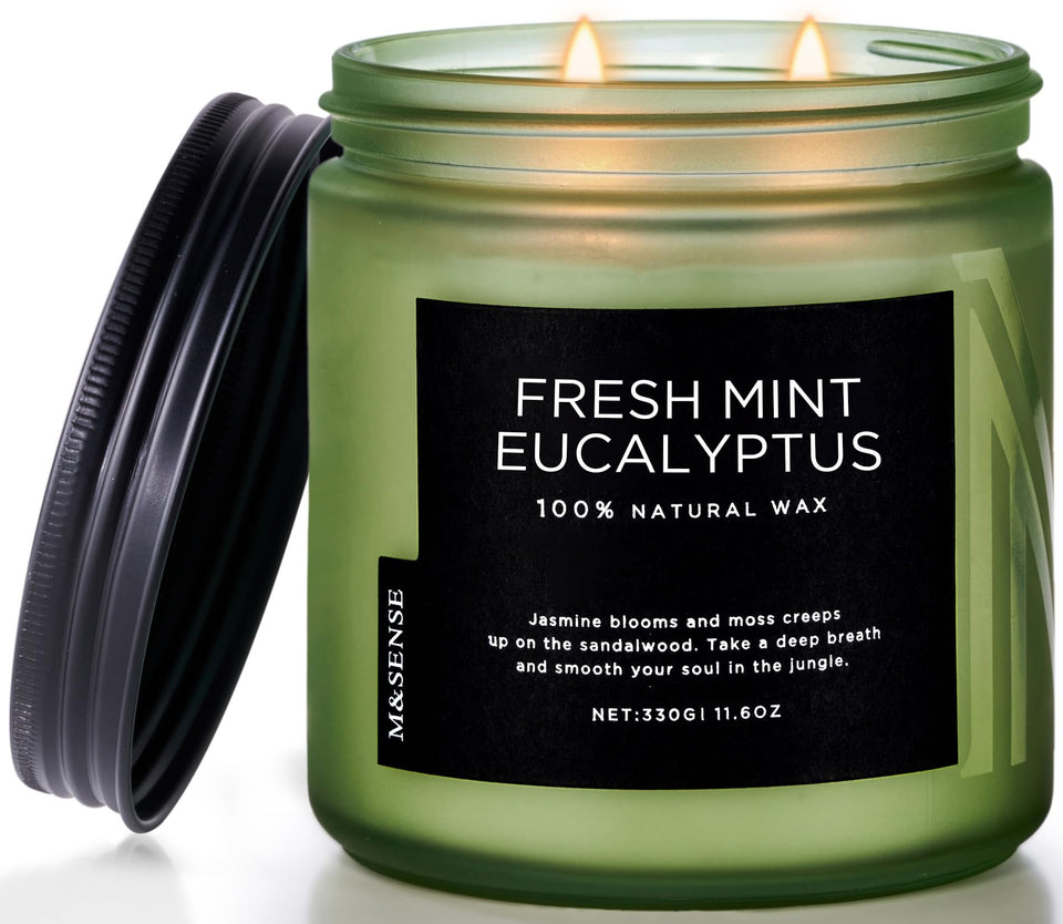 M&SENSE eucalyptus mint candle in a glass jar for relaxing ambience.