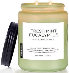 M&SENSE Eucalyptus & Mint jar candle, front view, long-lasting aroma for living spaces.