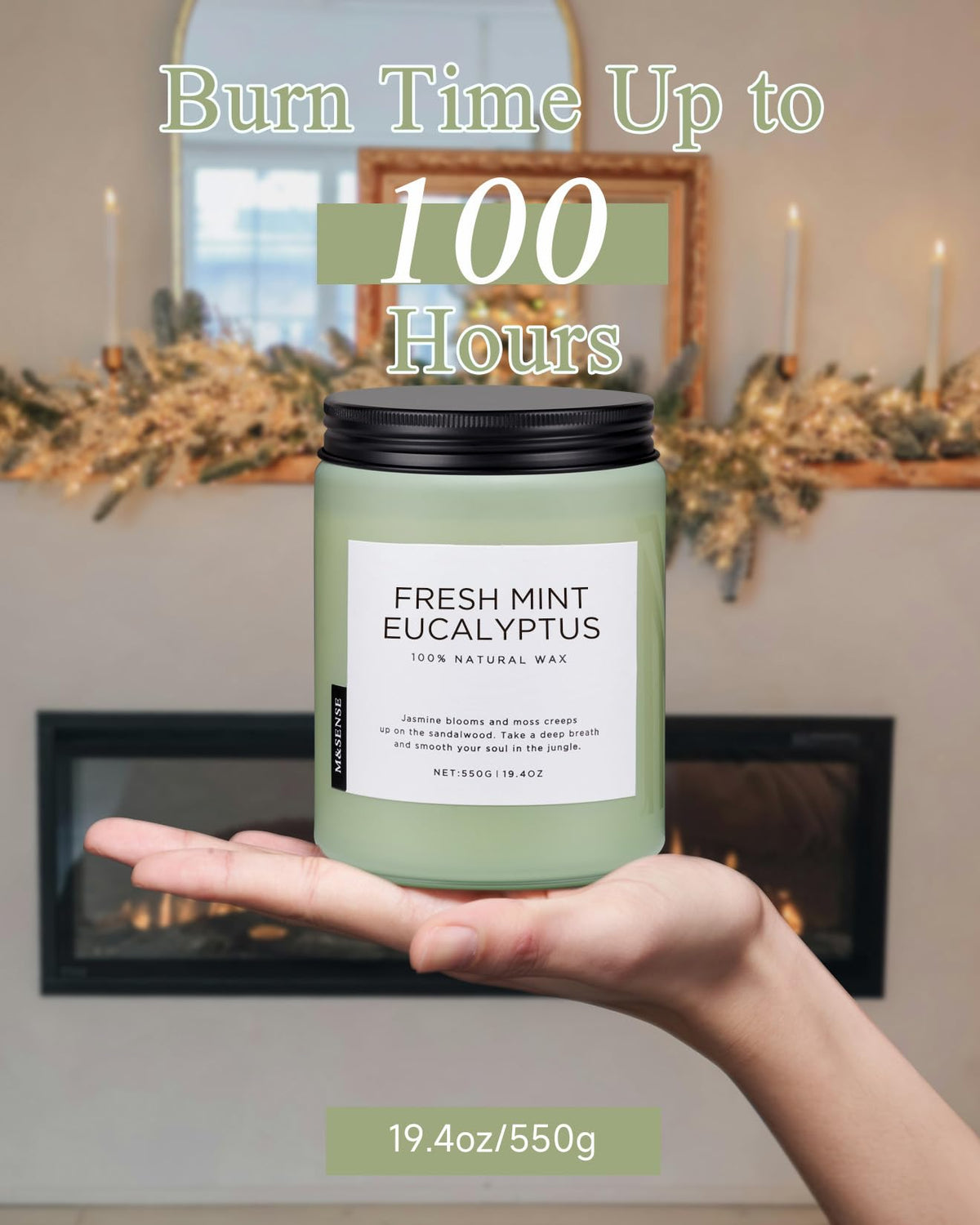 M&SENSE Eucalyptus & Mint candle lit, evenly burning fragrance.