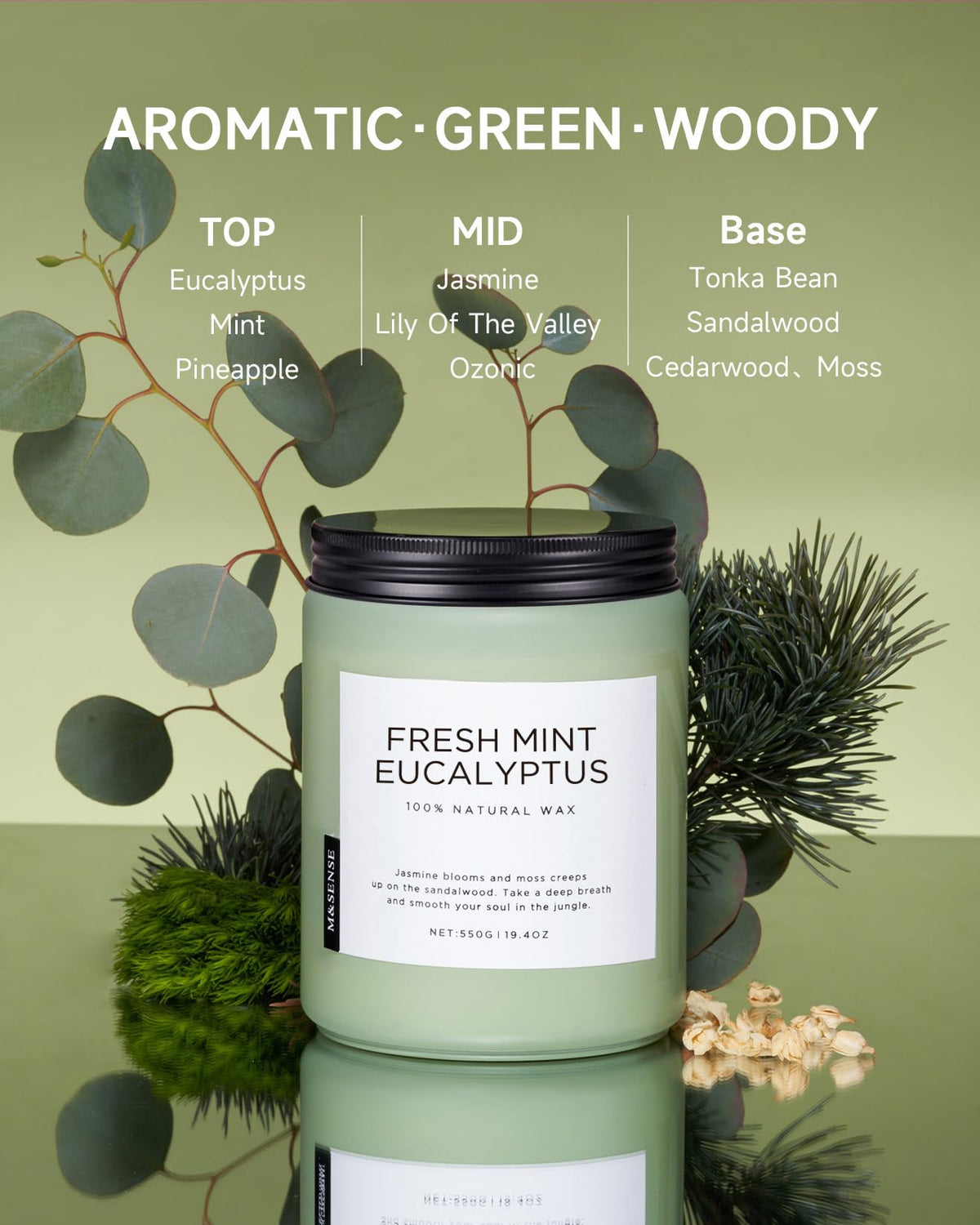M&SENSE Eucalyptus & Mint candle with gift packaging, ready for gifting.