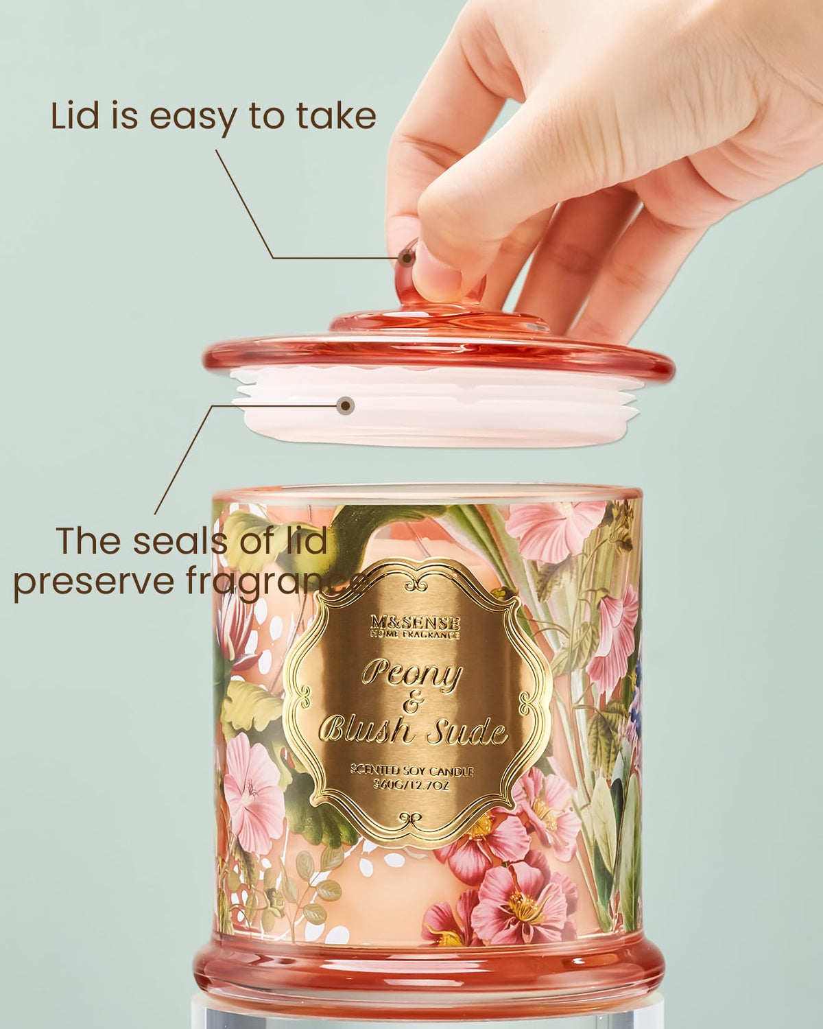 M&SENSE Fragrance-Lock lid seals aroma while protecting the candle from dust.