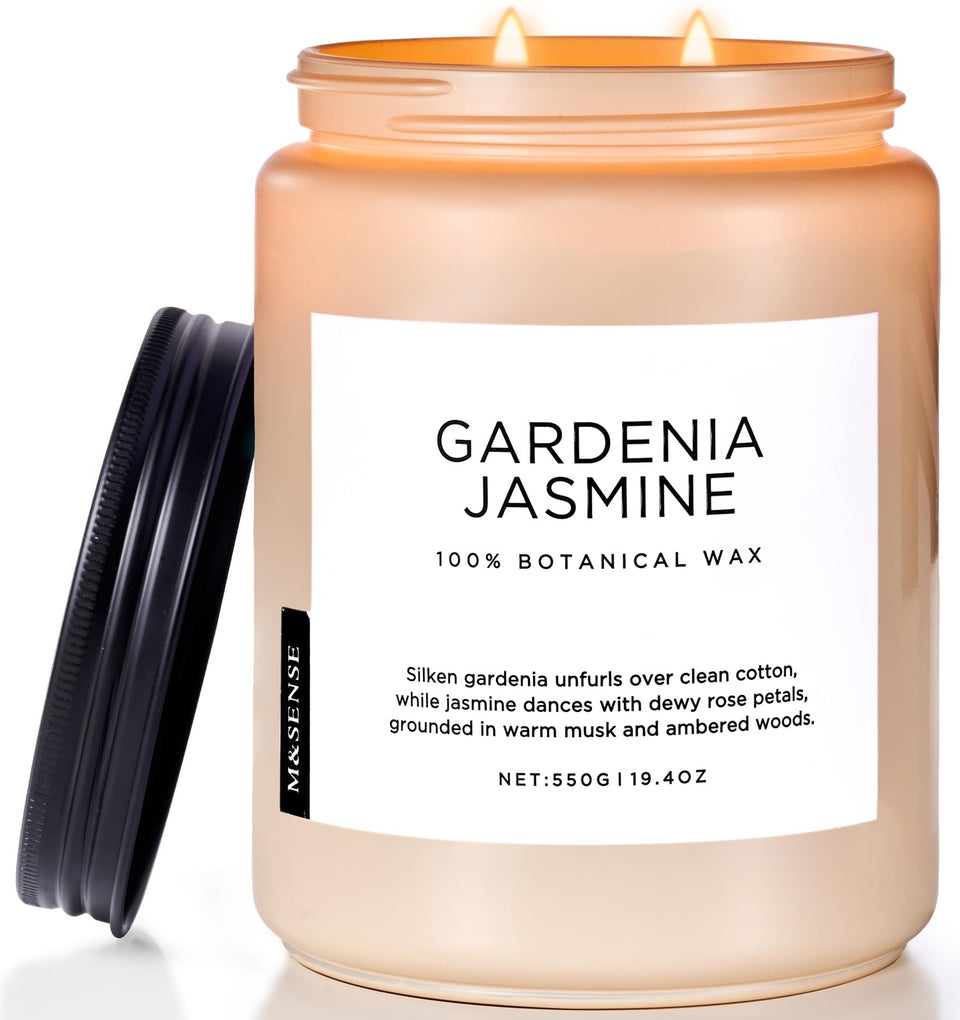 M&SENSE Gardenia Jasmine candle packaging showcases premium presentation, ideal for gifting.