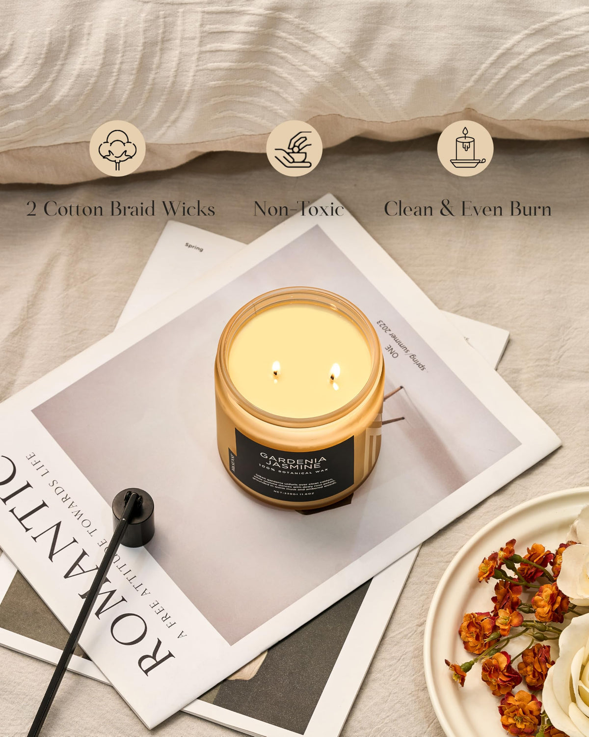 M&SENSE Gardenia Jasmine candle packaging uses recycled cardboard for eco gifting