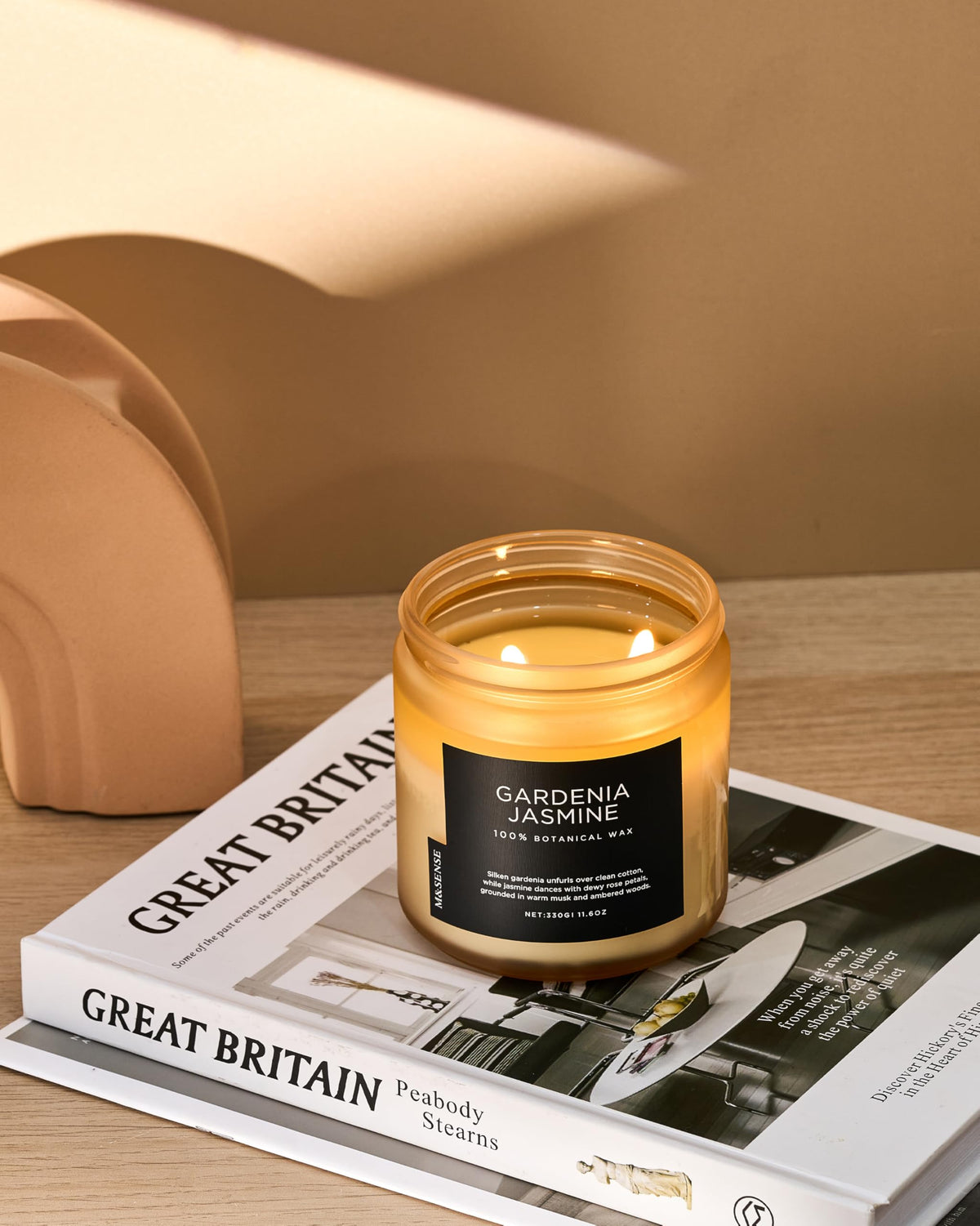 M&SENSE Gardenia Jasmine candle room ambience in a cozy space
