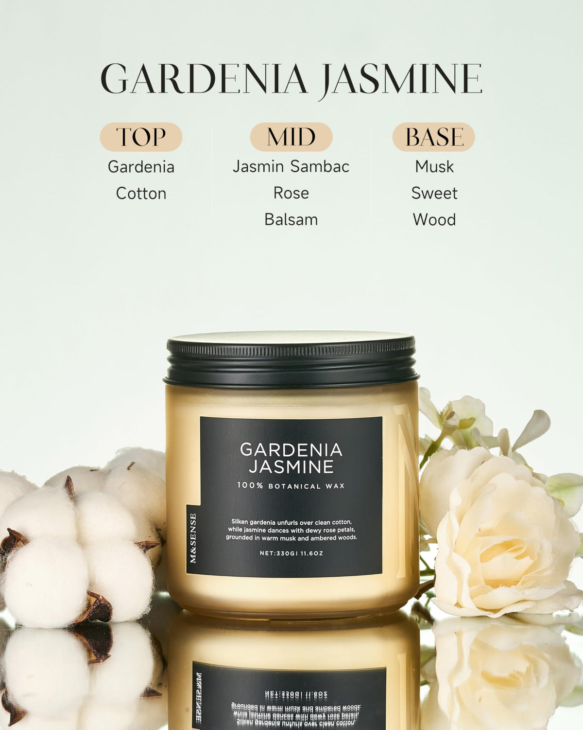 M&SENSE Gardenia Jasmine candle wicks ensure even burn for steady fragrance