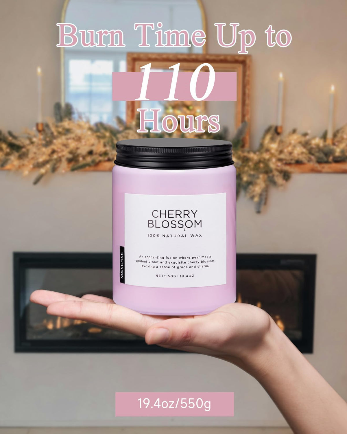 M&amp;SENSE 19oz candle close-up highlights large capacity and extended fragrance.