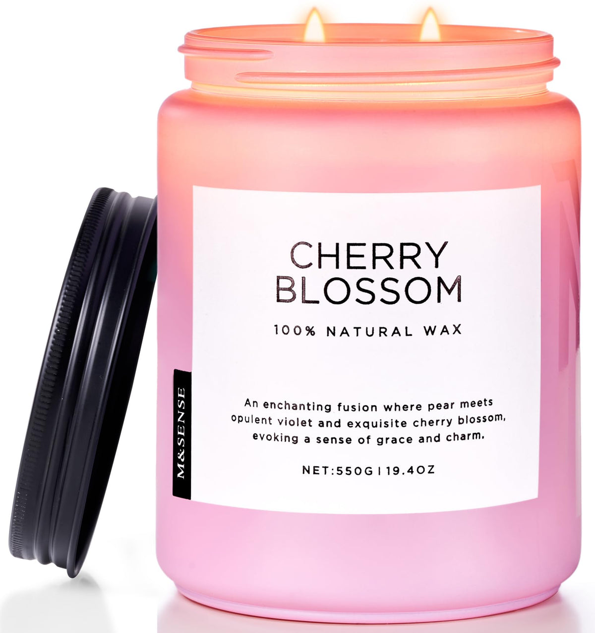 M&amp;SENSE cherry blossom candle close-up shows pure soy wax and clean burn.