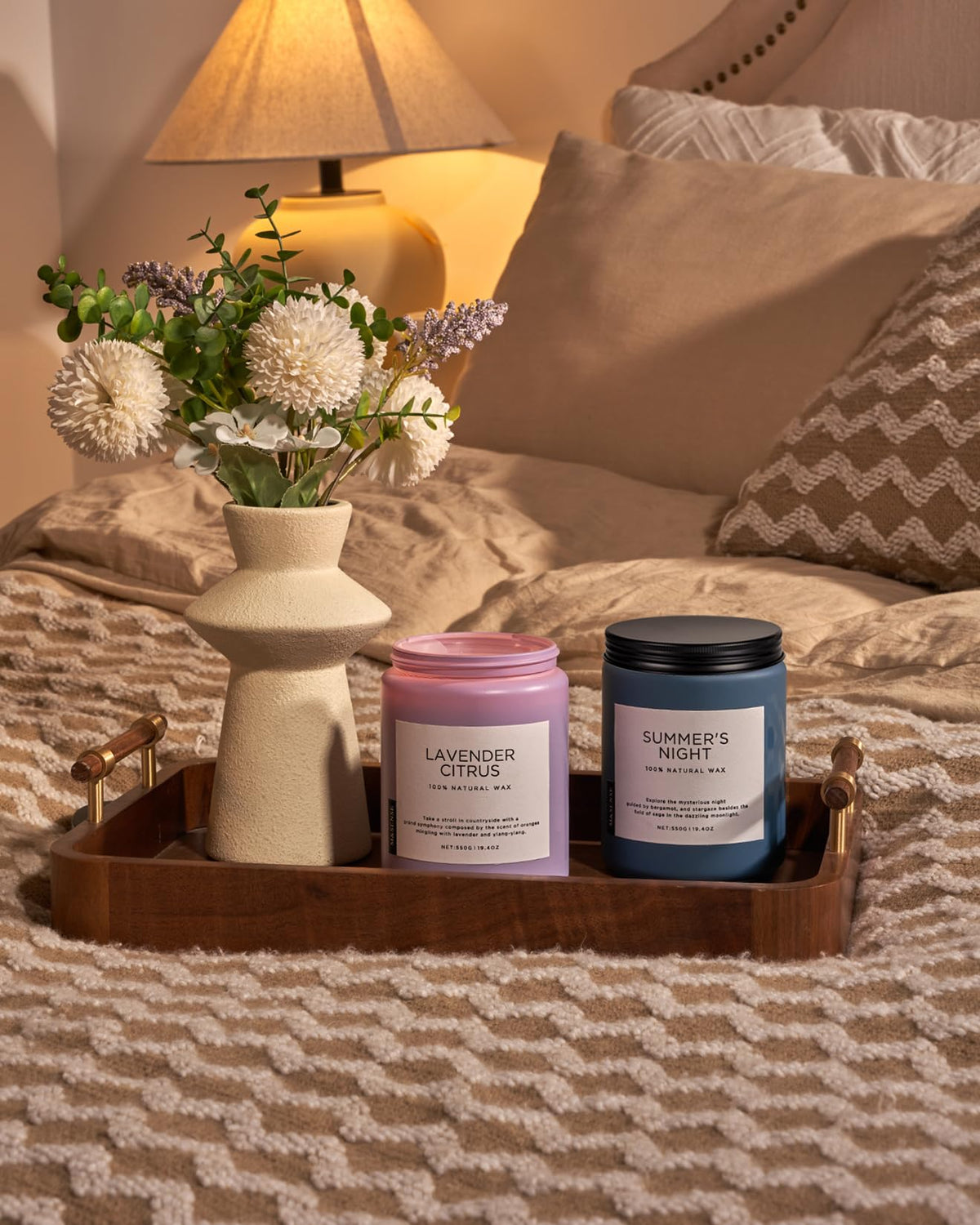 M&SENSE Lavender Citrus candle creates intimate bathroom ambience with gentle scent.