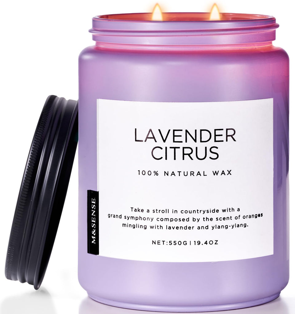 M&SENSE Lavender Citrus Candle jar emphasizes sustainable design for a clean home scent.