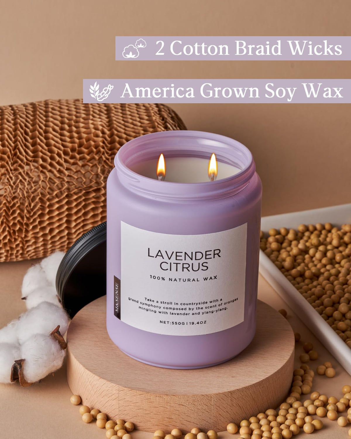 M&SENSE Lavender Citrus candle lit glow demonstrates warm ambience without overpowering fragrance.