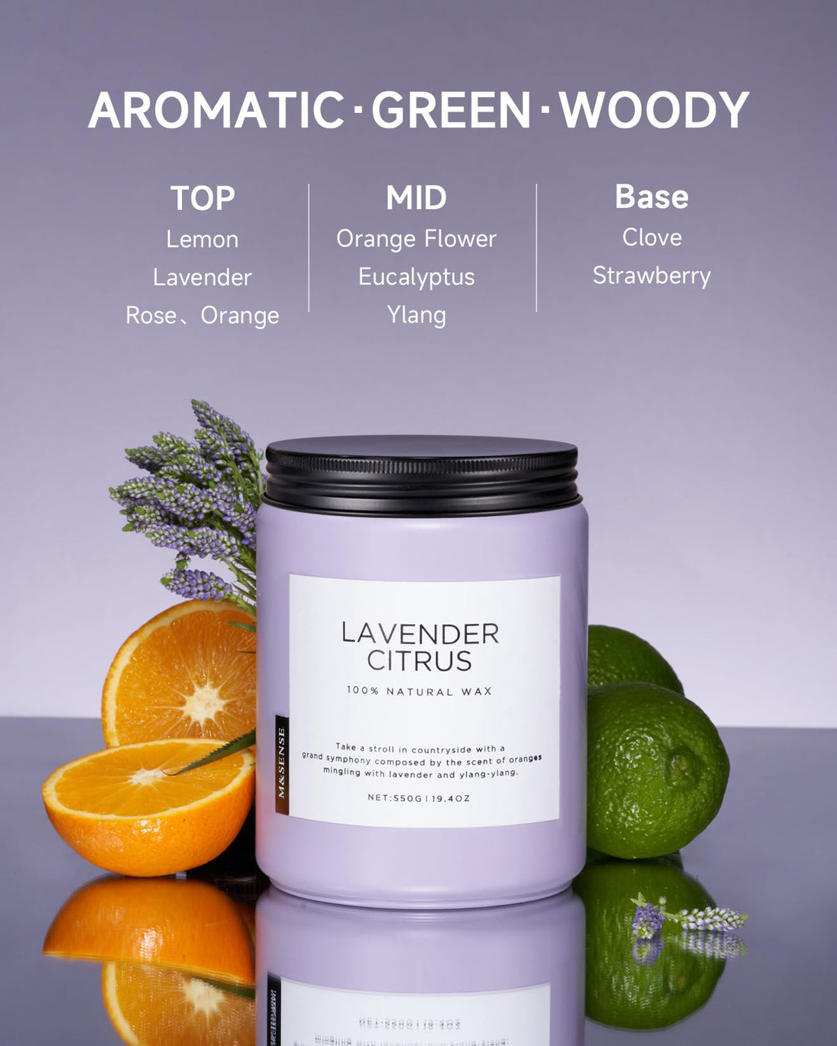 M&SENSE Lavender Citrus candle wax close-up highlights soy blend for steady burn.