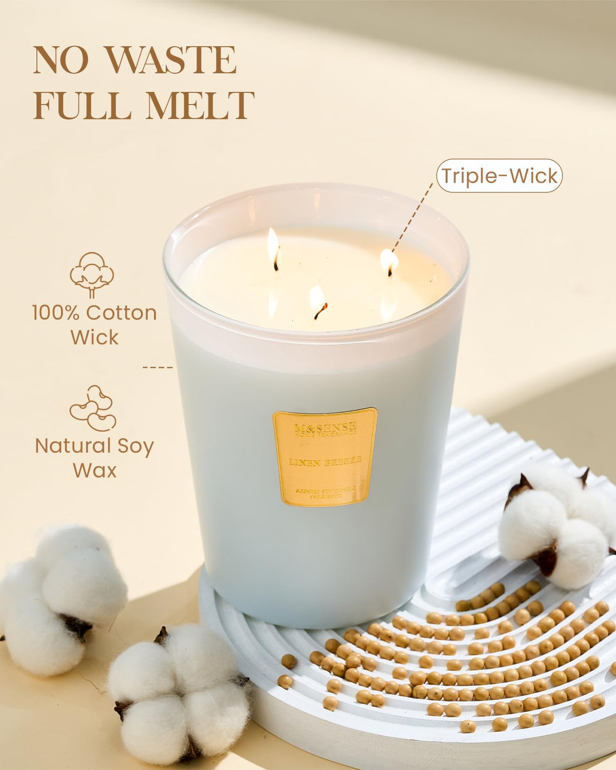 M&SENSE lead-free cotton wicks ensure clean, steady burn and even fragrance release.