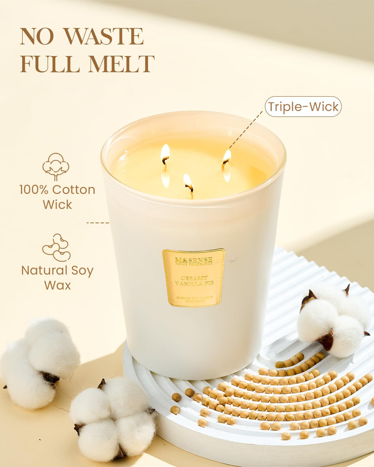 M&SENSE Natural soy-palm wax blend enhances fragrance throw and burn time.