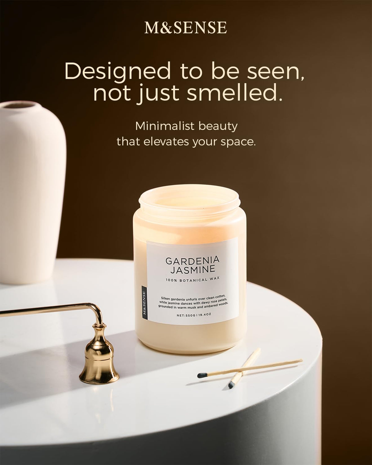 M&SENSE natural soy wax texture emphasizes clean, plant-powered burn.