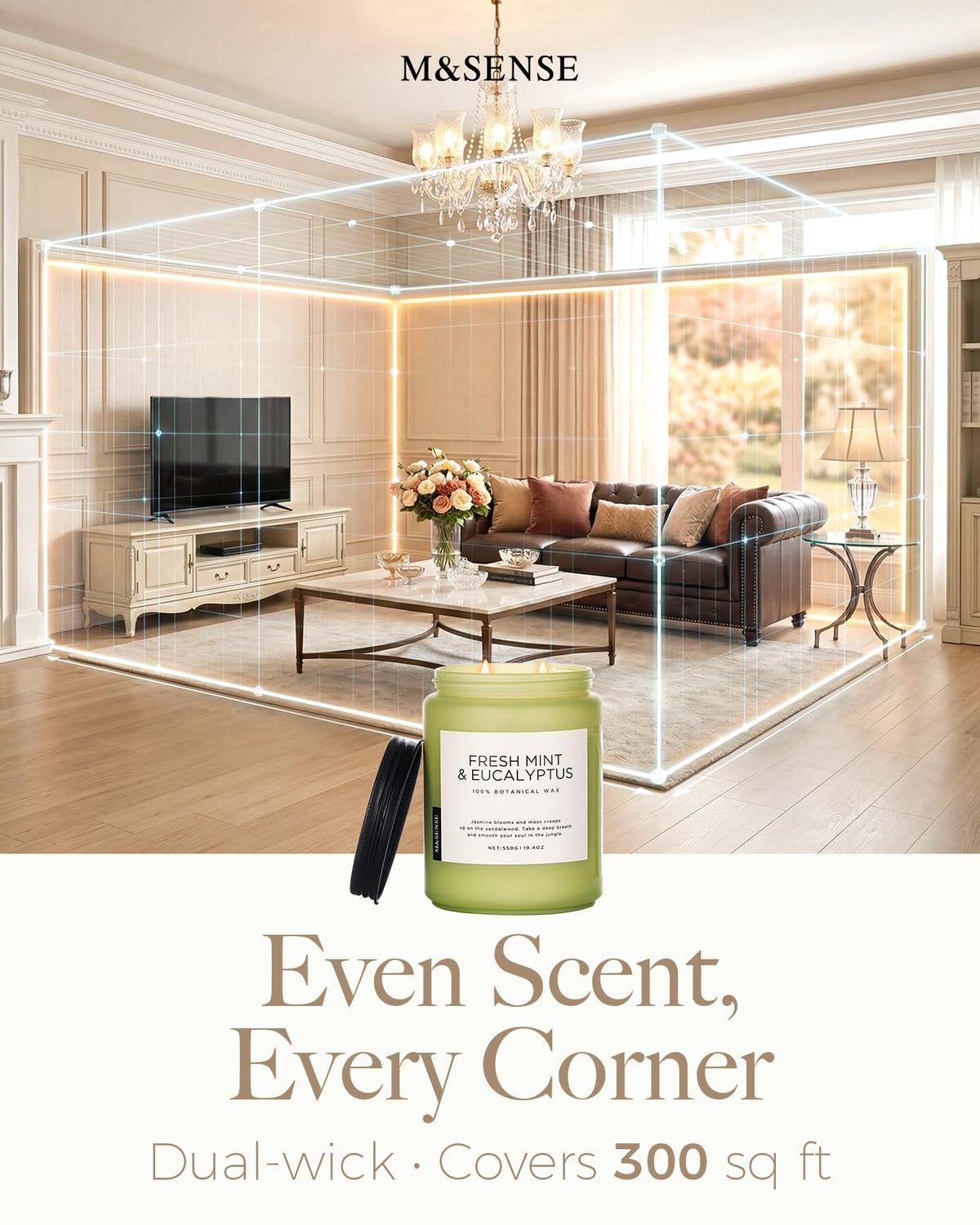 M&SENSE non-toxic clean burn emphasizes safe home fragrance.