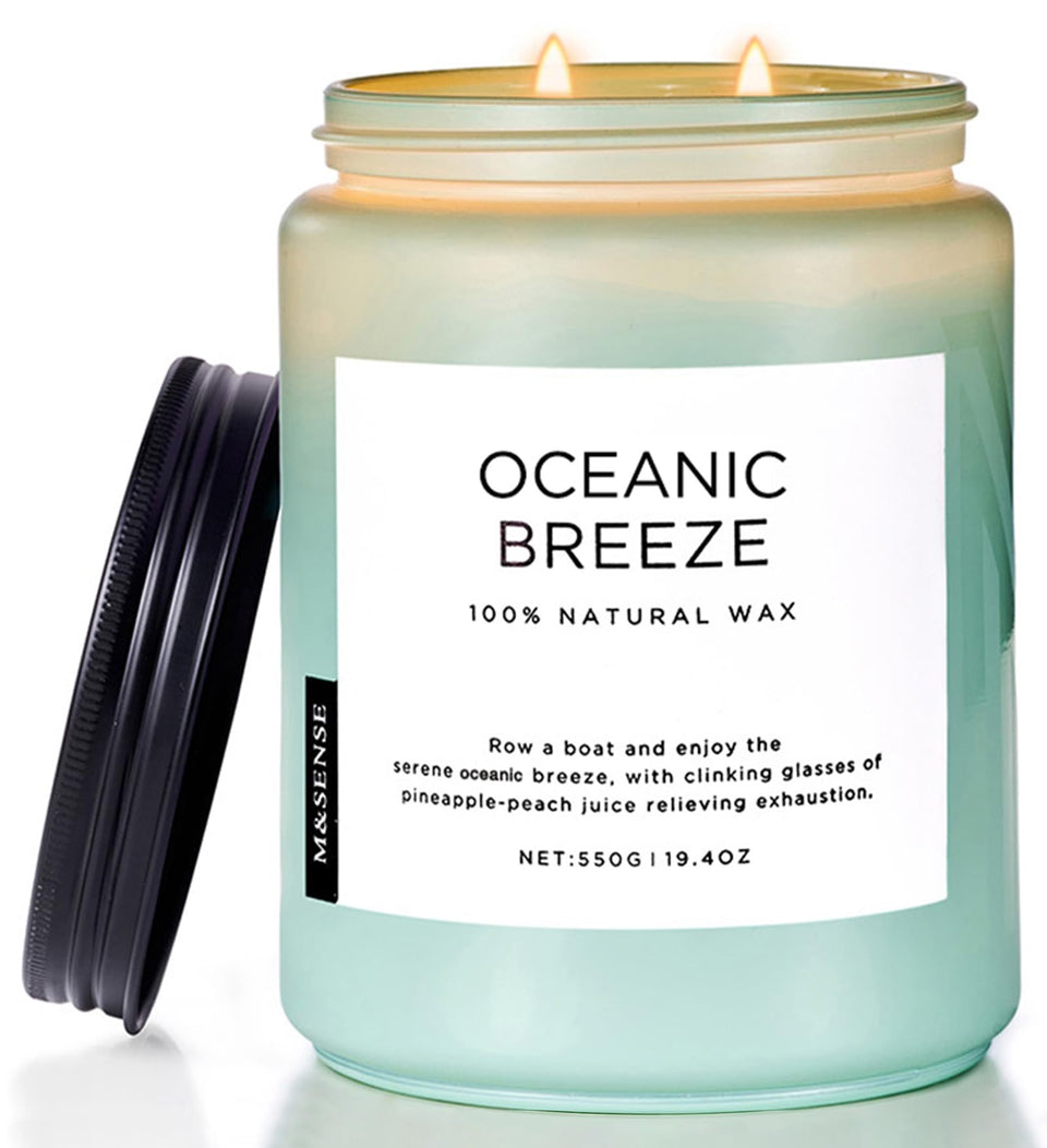 M&SENSE Oceanic Breeze candle with 2 wicks for balanced room ambiance.