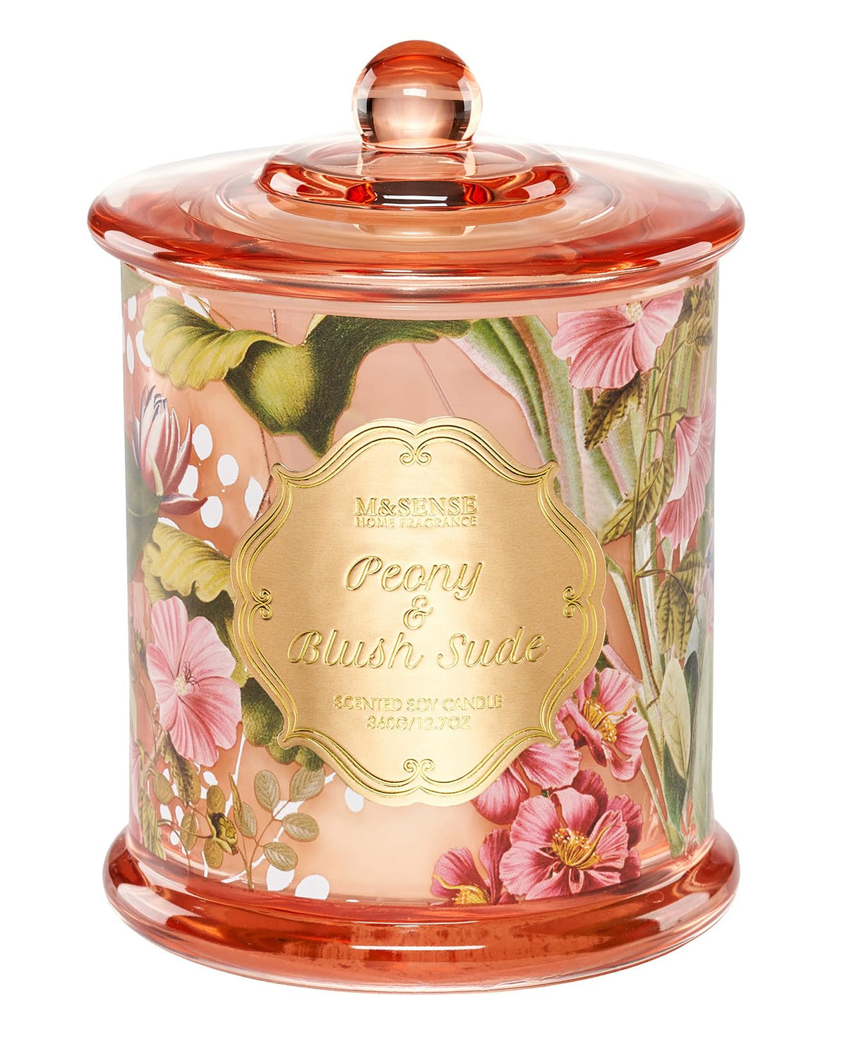 M&SENSE Peony Blush Sude Candle jar in crystal glass enhances elegant room ambiance.