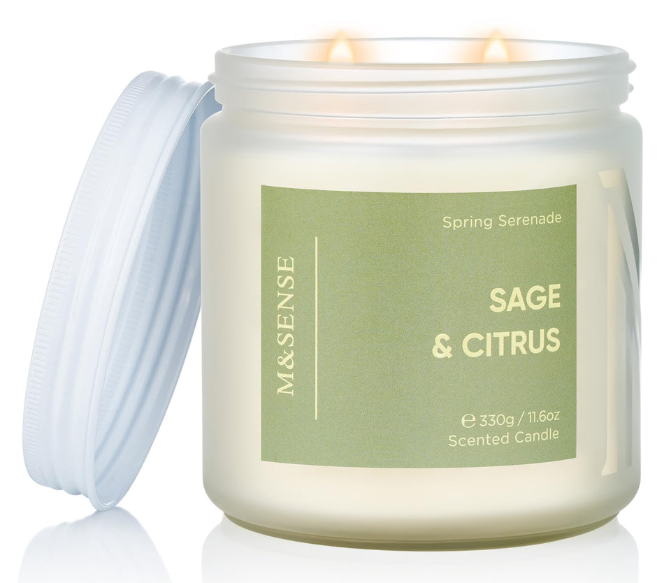 M&SENSE Sage Citrus candle in a glass jar with a bright home scent