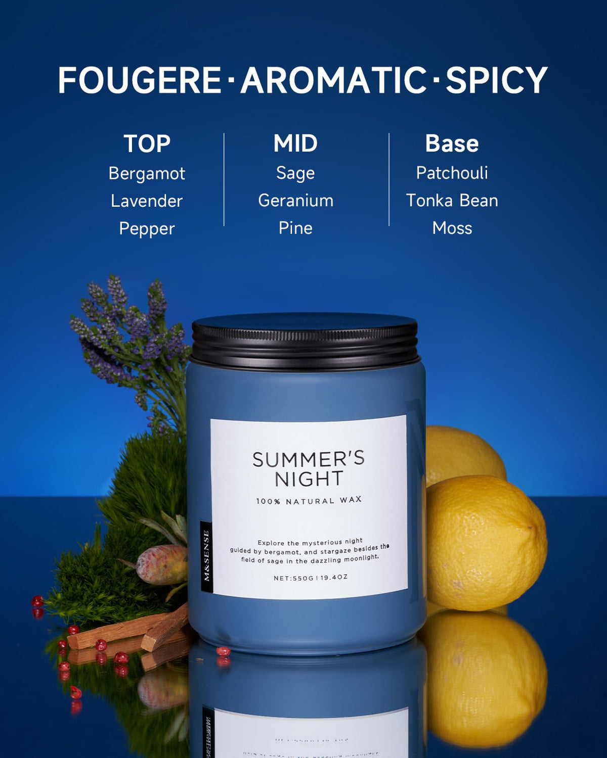 MSENSE Summers Night candle closeup — rich aroma with even scent distribution across space.