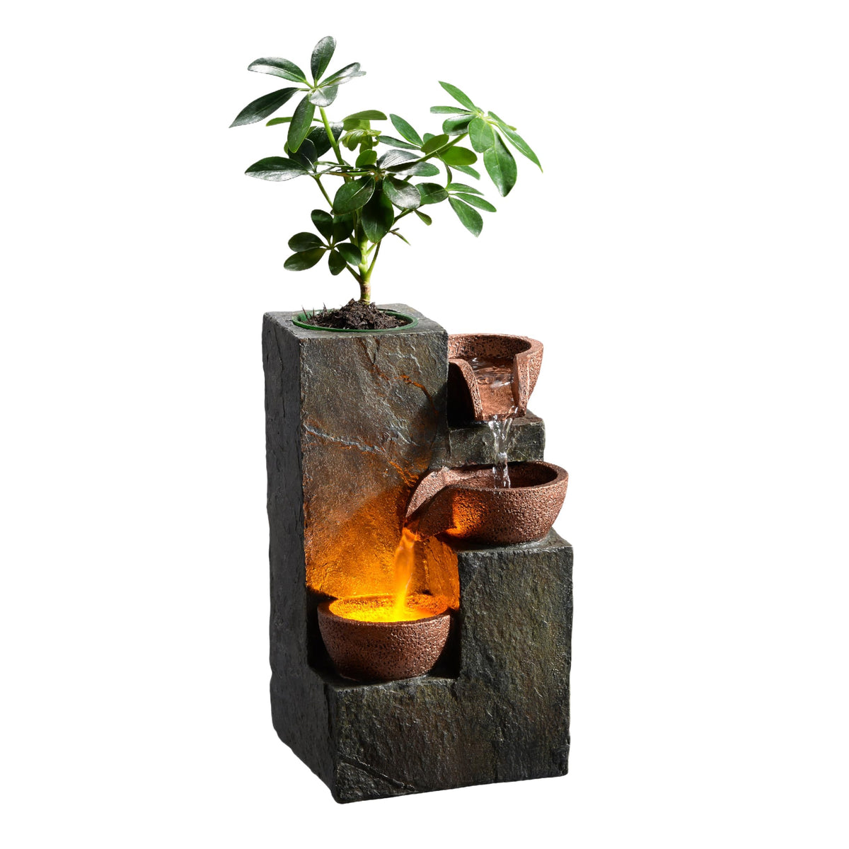 MSEONWXI three-bowls rock fountain creating a soothing desktop waterfall for focus