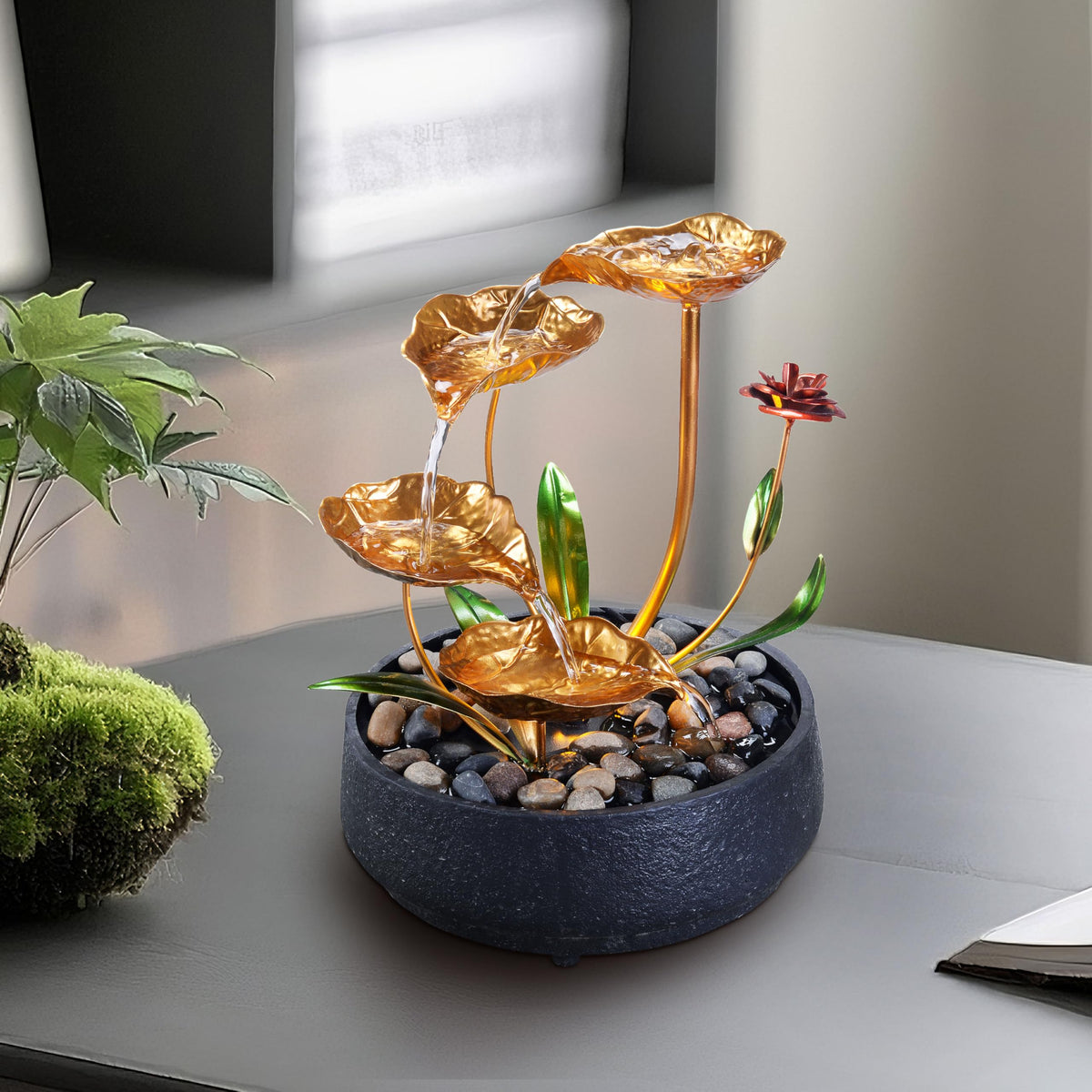 Close up of MSEONWXI golden lotus on tabletop fountain showing craftsmanship