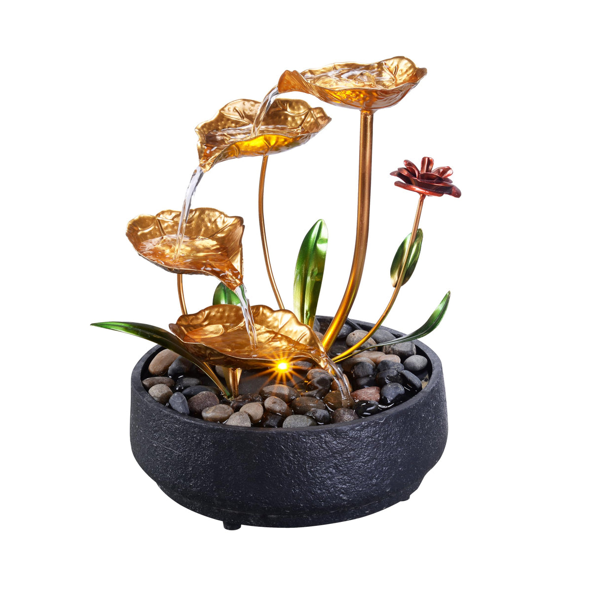 MSEONWXI table top fountain with metal lotus and warm light for tranquil desk ambiance