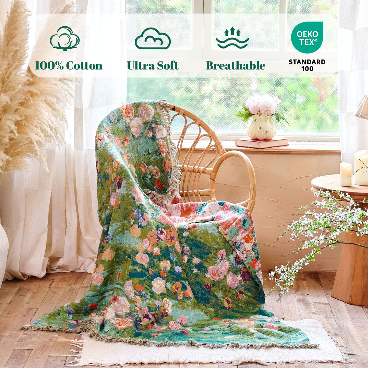 Closeup of MSGKV floral pattern woven into the blanket