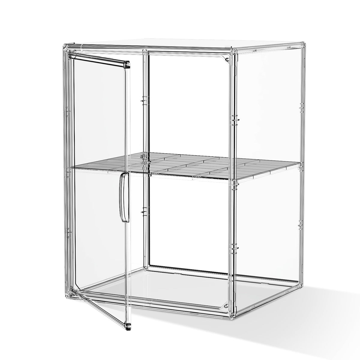 MSHOMELY acrylic display case front view showing crystal-clear visibility for collectibles.