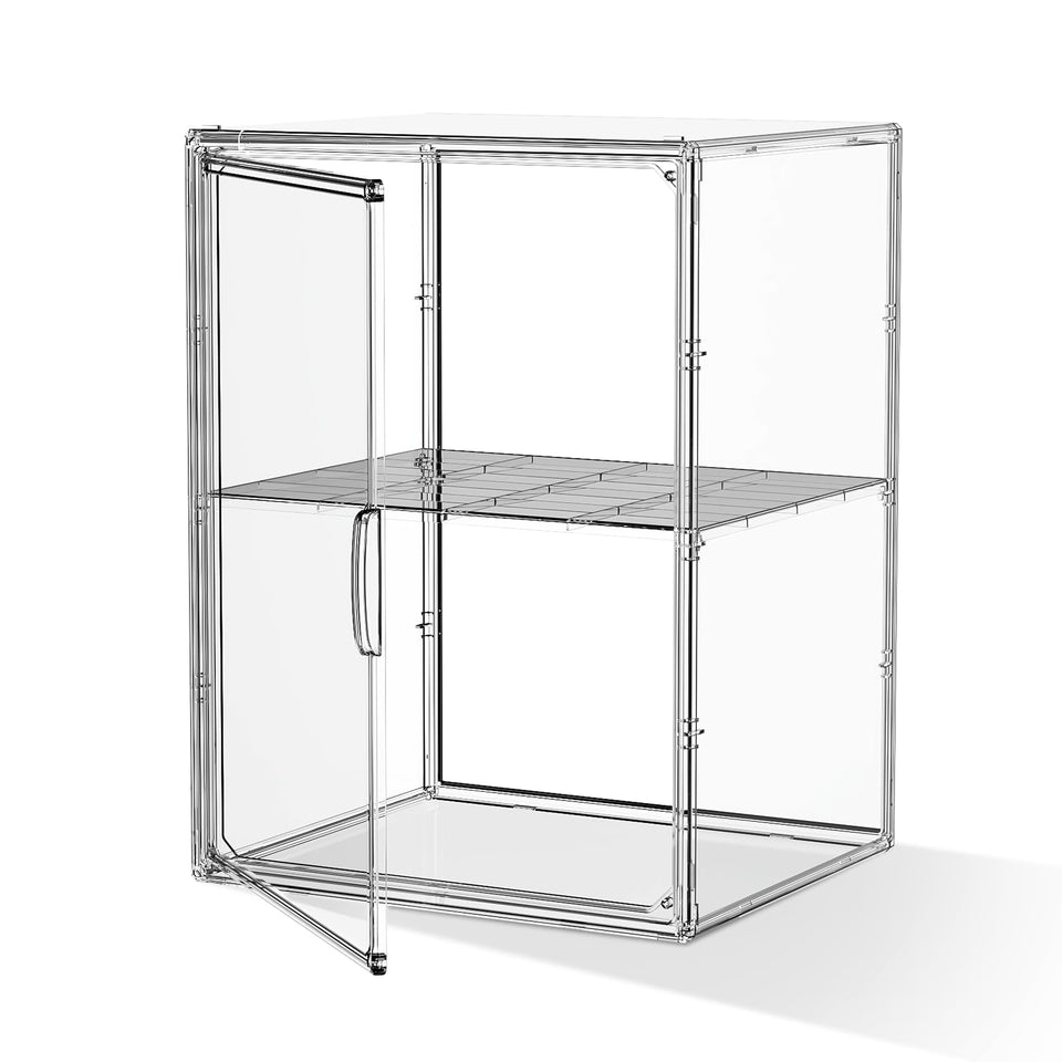 MSHOMELY acrylic display case front view showing crystal-clear visibility for collectibles.