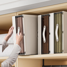 MSHOMELY leather handle detail for easy pulling from shelves.