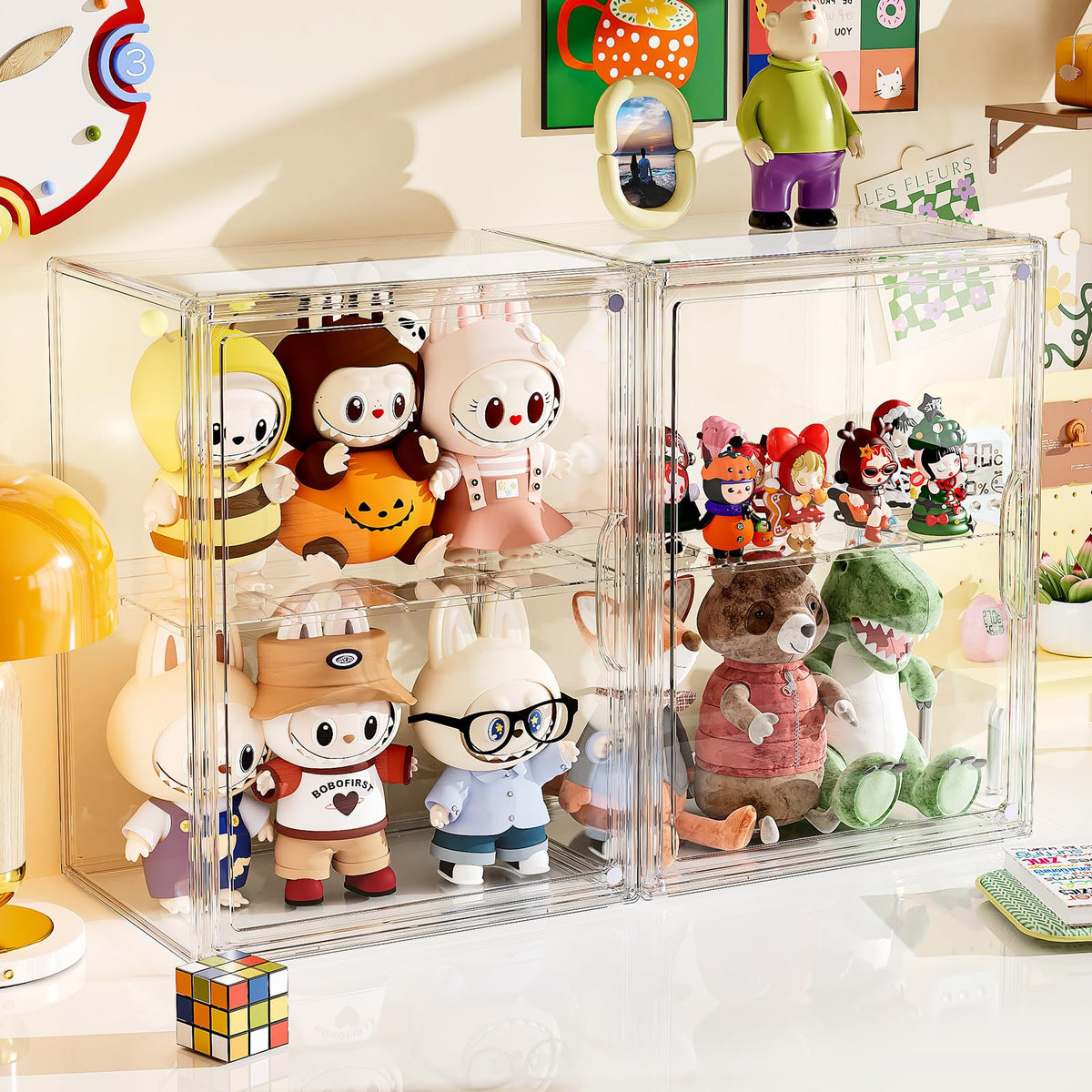 MSHOMELY stackable display case interlocks for a modular gallery setup.