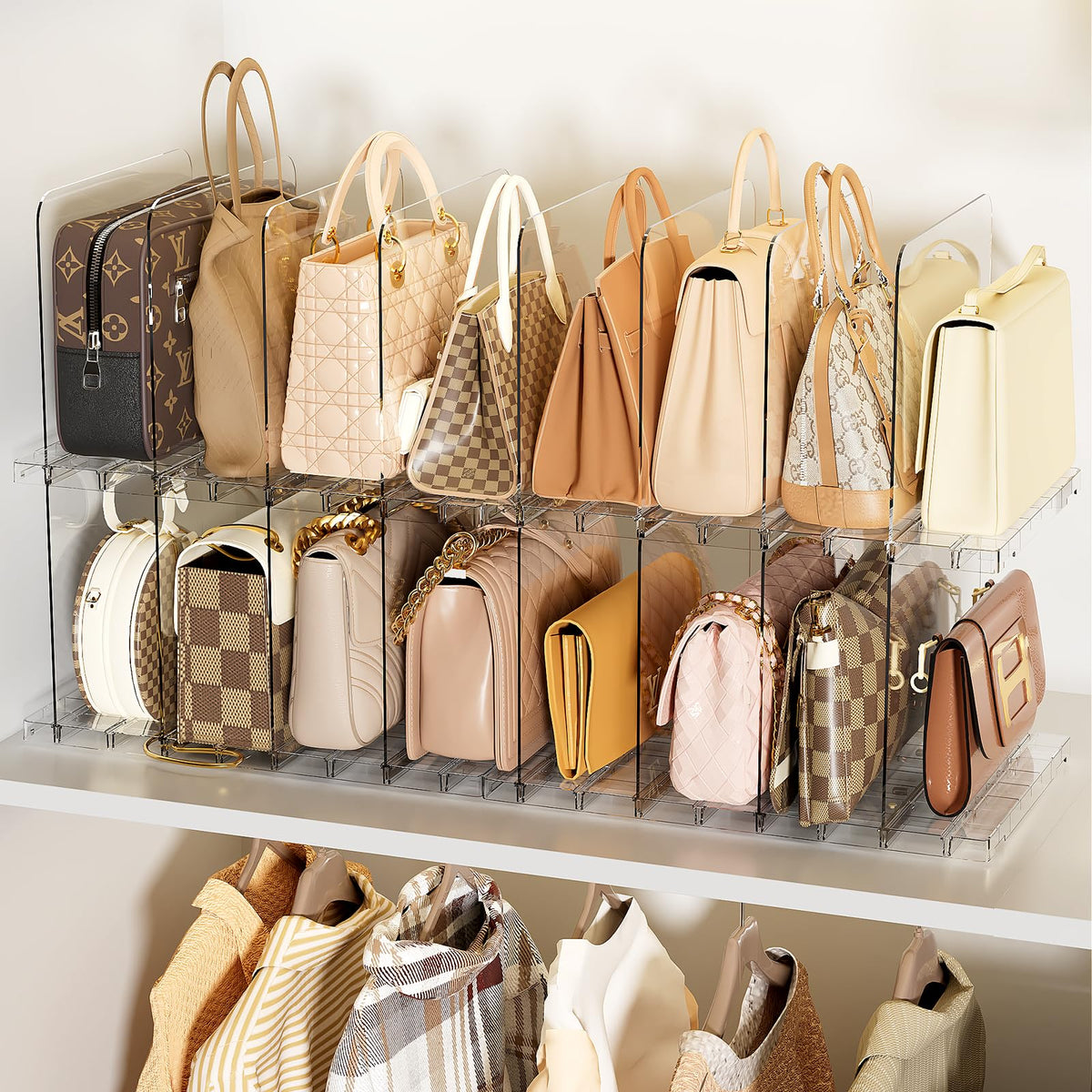 MSHOMELY stackable purse organizer on a shelf keeps purses upright and accessible